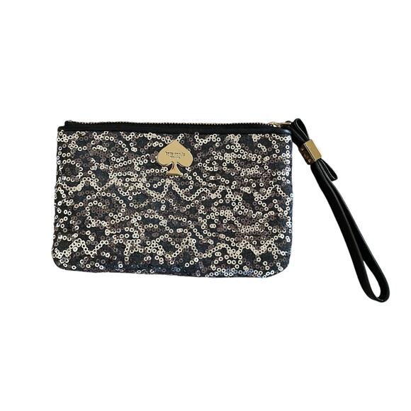 KATE SPADE Leroy Street Glitter Bee Black Leather Silver Sequins Wristlet NWOT - Picture 8 of 9